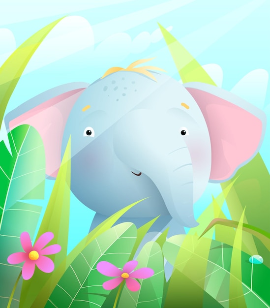 Cute Baby Elephant W Sawannie, Siedząc W Trawie Z Kwiatami I Błękitne Niebo.