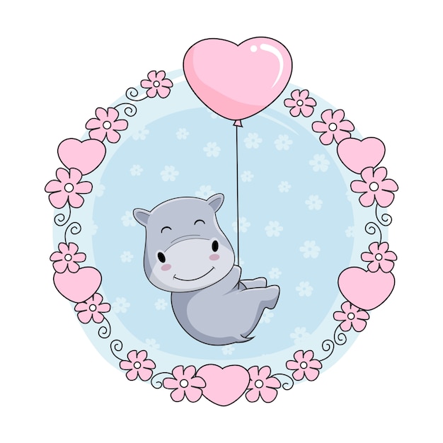 Cute Baby Hippo Cartoon Fly Z Balonem Miłości