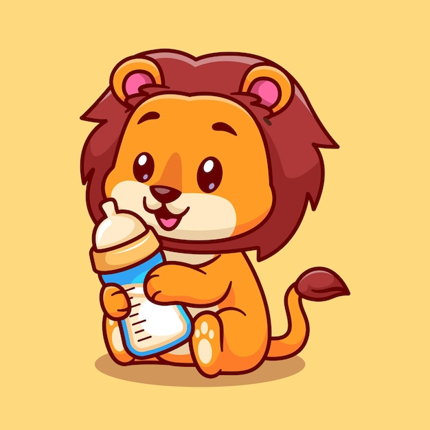 Cute Baby Lion Trzymając Butelkę Mleka Kreskówka Wektor Ikona Ilustracja Zwierzę Napój Ikona Na Białym Tle