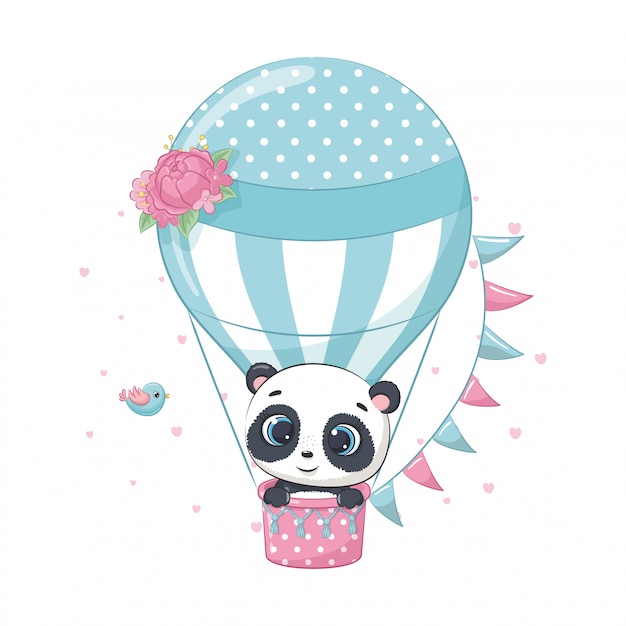 Cute Baby Panda Bear Na Balonem. Ilustracja