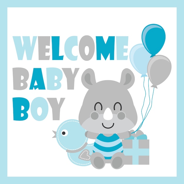 Cute Baby Rhino Siedzi Między Zabawką Kaczki I Pudełko Wektorowe Cartoon Ilustracji Dla Baby Shower Projekt Karty, Pocztówka I Tapetę