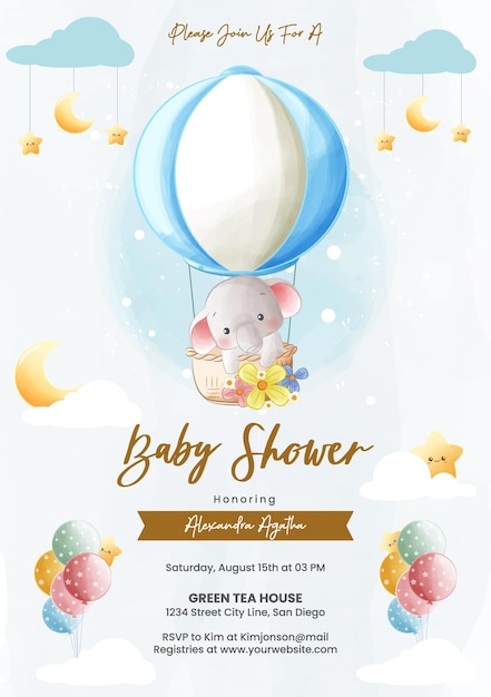 Cute Baby Słoń Latający Z Balonem W Stylu Przypominającym Akwarele Baby Shower Zaproszenie