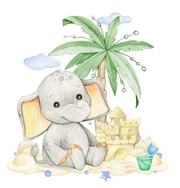 Cute Baby Słoń Palma Zamek Z Piasku Akwarela Clipart W Stylu Kreskówki Na Na Białym Tle