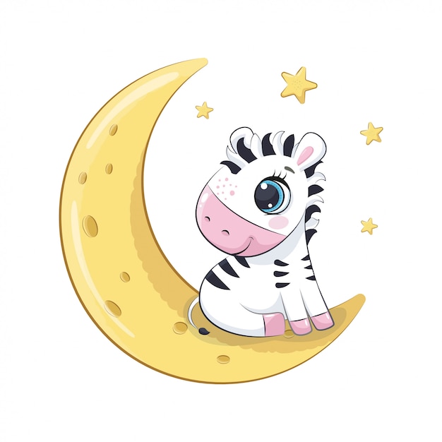 Cute Baby Zebra Siedzi Na Księżycu. Ilustracja Na Chrzciny, Kartkę Z życzeniami, Zaproszenie Na Przyjęcie, Nadruk Koszulki Z Modnymi Ubraniami.