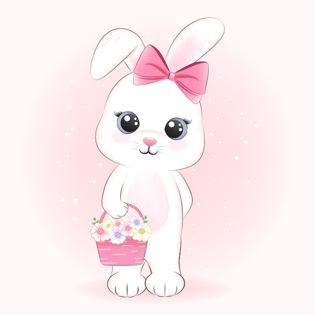 Cute Bunny And Flowers Basket Animal Illustration