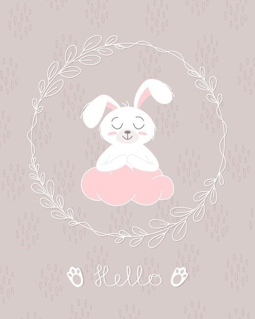 Cute Bunny Baby I Dzieci Koncepcja Happy Easter Króliki Różne Pozy Postaci Z Kreskówek Karta Z Cute Bunny Bunny Z Kwiatowymi Liśćmi Projekt Dla Dzieci Plakat Karta Zaproszenie Wektor