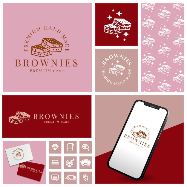 Plik wektorowy cute cake brownies logo z ikoną i zestawem wzorów