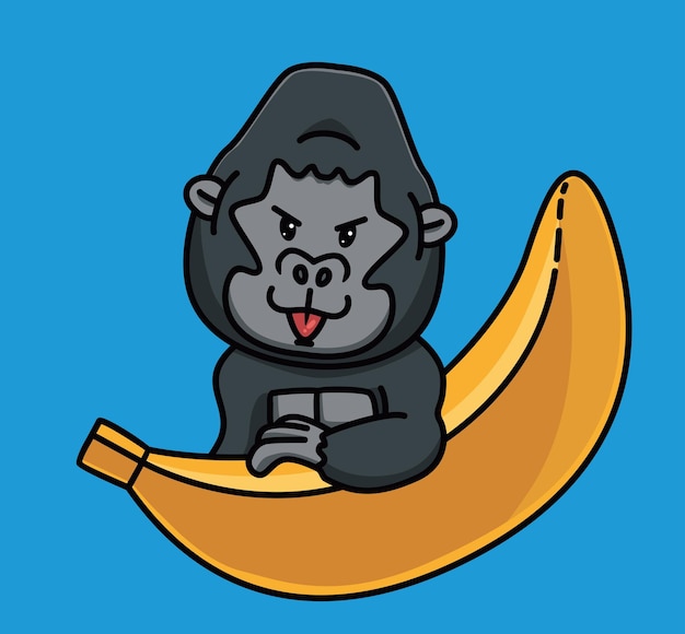Cute Cartoon Goryl Małpa Czarna Małpa Przynieść Gigantycznego Banana Zwierzę Na Białym Tle Płaski Styl Naklejki Sieci Web