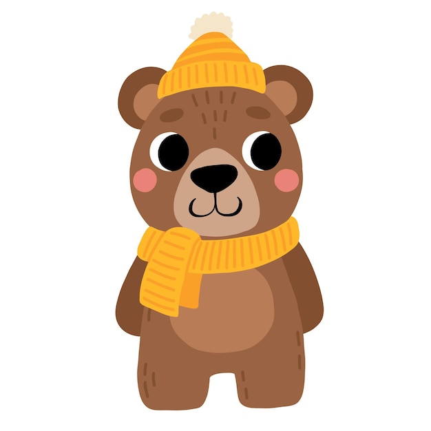 Cute cartoon niedźwiedź brunatny z kapeluszem i szalikiem Izolowane ilustracji wektorowych zima dla książki dla dzieci