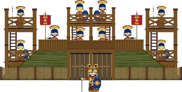 Plik wektorowy cute cartoon rzymskich żołnierzy centurion w tower fort ilustracja historii