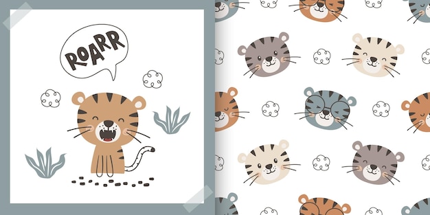 Plik wektorowy cute cartoon tiger collection kartka kreskówkowa i zestaw wzorów bez szwów ręcznie narysowany uroczy doodle