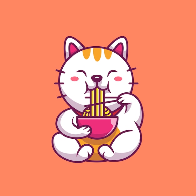 Cute Cat Eat Ramen Noodle