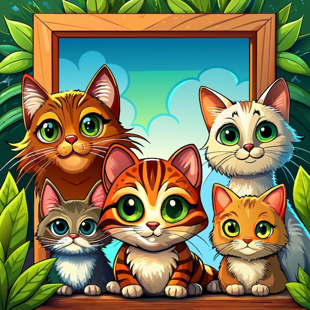 Cute Cats With Frame Banners Ręcznie Narysowana Maskotka, Postać Z Kreskówek, Naklejka, Ikonka, Koncepcja Izolowana