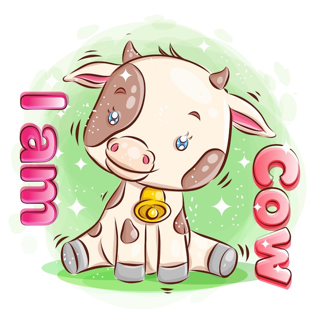 Cute Cow Siedzieć Na Ziemi Z Happy Smile. Ilustracja Kreskówka.