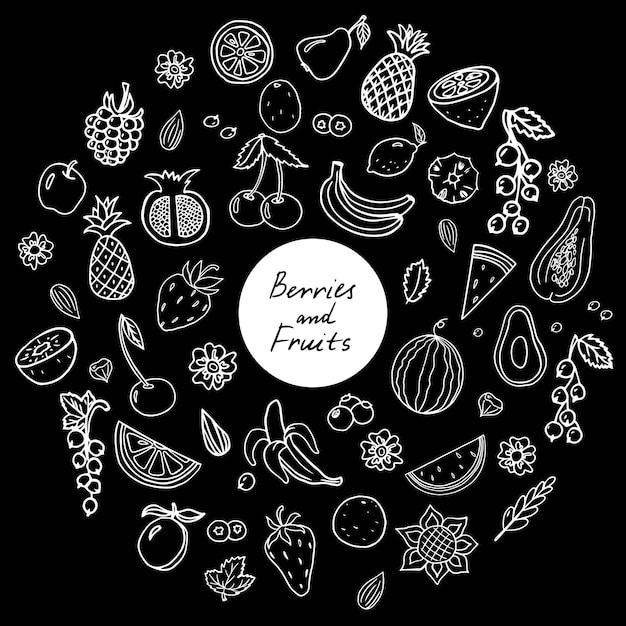 Cute doodle zestaw z owoców i jagód Pojedynczo na czarnym tle Ananasowe jabłko truskawkowe