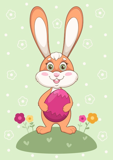 Plik wektorowy cute easter bunny z jajkiem edukacyjny film animowany ilustracja szczęśliwy mały królik trzyma jajko wielkanocne