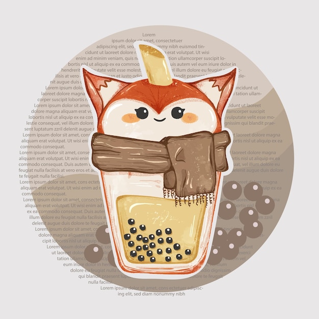 Cute Fox Boba Milktea W Szaliku Na Zimowy Motyw Akwarela Ilustracja Clipart