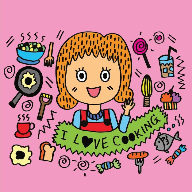 Plik wektorowy cute girl doodle art cartoon ręcznie rysować czarną linię na białym tle