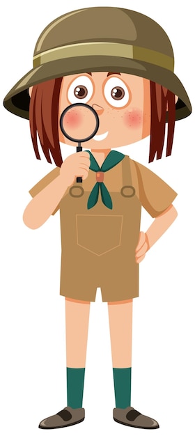 Cute girl scout postać z kreskówki trzymająca szkło powiększające