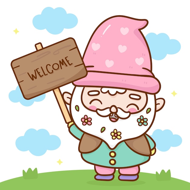 Cute Gnome Garden Holiding Welcom Label Kawaii Cartoon