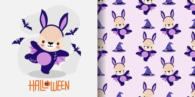 Cute Halloween Rabbit Bunny Cartoon Doodle Bezszwowy Wzór Ilustracja