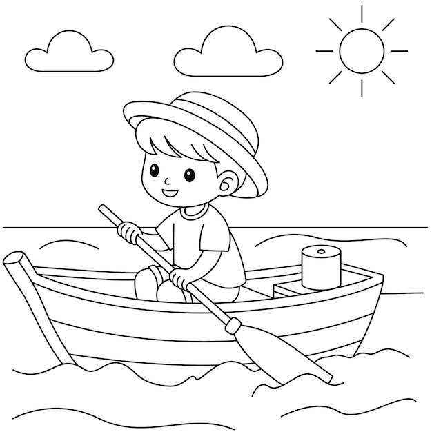 Cute kawaii Boy Kayaking Lato postać z kreskówek kolorystyka ilustracja wektorowa