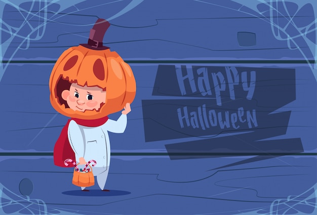 Plik wektorowy cute kid wear scarecrow kostium jack lantern happy halloween kartkę z życzeniami