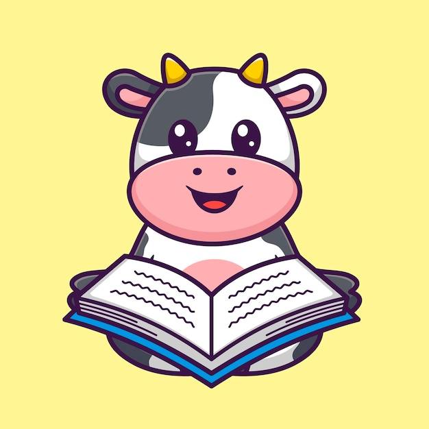 Cute krowa czytanie książki w kreskówka wektor ilustracja płaski koncepcja stylu