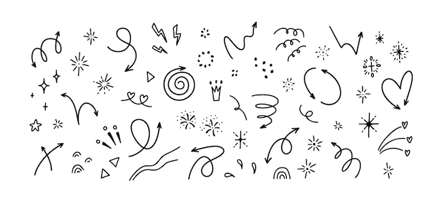 Plik wektorowy cute line doodle handwriting elements set hand drawn sketchy curve arrows glitter stars