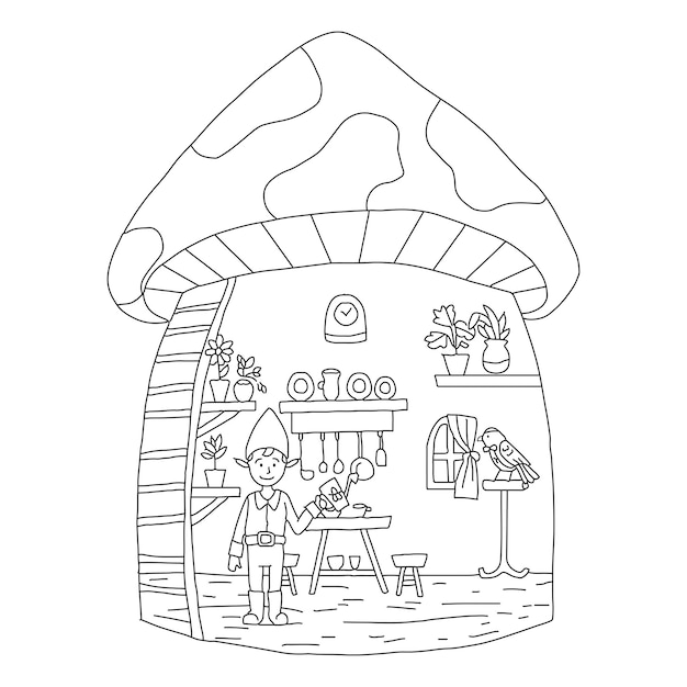Cute Little Dwarf Mushroom House Lineart Dla Dzieci Kolorowanka Czarno-białe Wektor