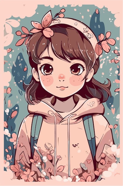 cute little kawaii dziewczyna ilustracja płaskie kolory ilustracji wektorowych sztuka cyfrowa Anime izolowane