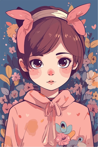 cute little kawaii dziewczyna ilustracja płaskie kolory ilustracji wektorowych sztuka cyfrowa Anime izolowane