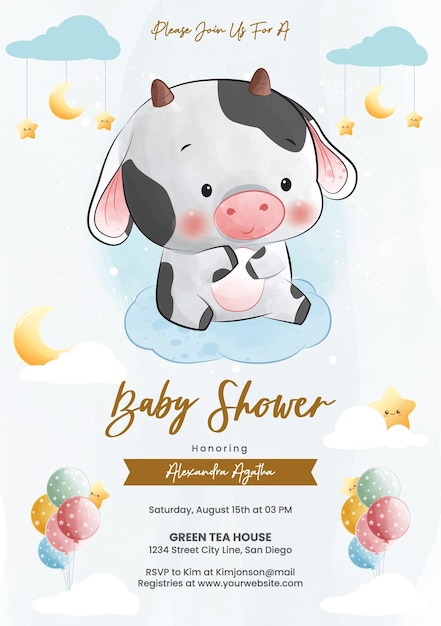 Cute Little Krowa Siedzi Na Chmurze W Stylu Przypominającym Akwarele Baby Shower Zaproszenie