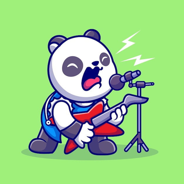 Cute Panda Rocker śpiewać Z Gitarą Kreskówka Wektor Ikona Ilustracja. Koncepcja Ikona Muzyki Zwierząt Na Białym Tle Premium Wektor. Płaski Styl Kreskówki