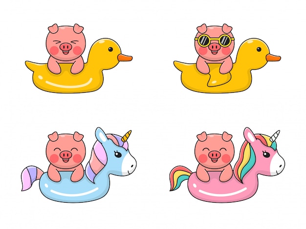 Cute Pig Swiming with Swim Duck and Unicorn