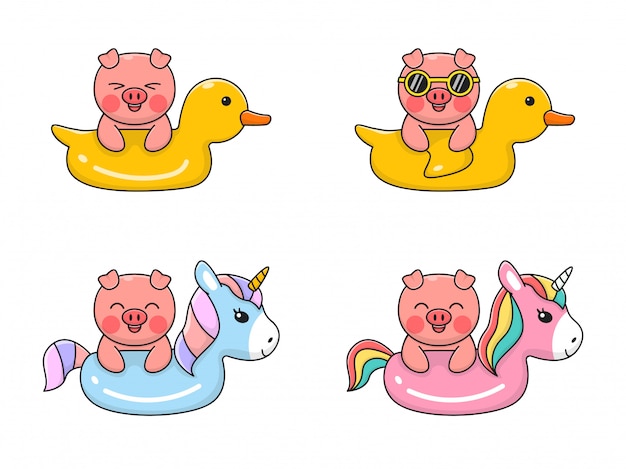 Cute Pig Swiming With Swim Duck And Unicorn