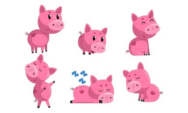 Cute Piglets Collection Cute Funny Pink Pigs Postacie Z Kreskówek W Różnych Pozycjach Ilustracja Wektorowa