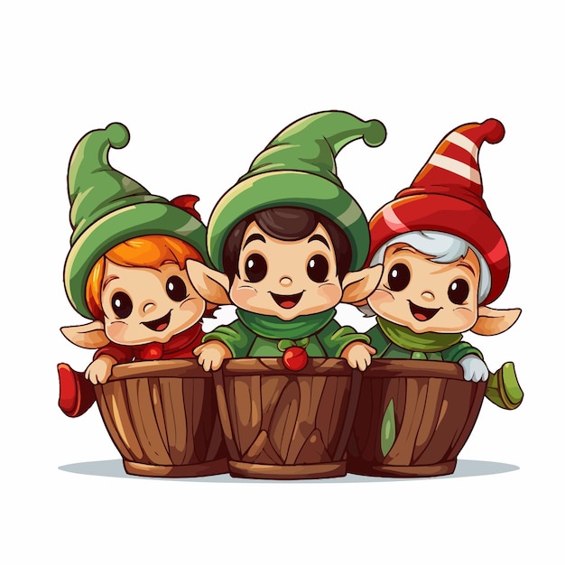 Plik wektorowy cute_playful_christmas_elves_sitting_on_christmas basket