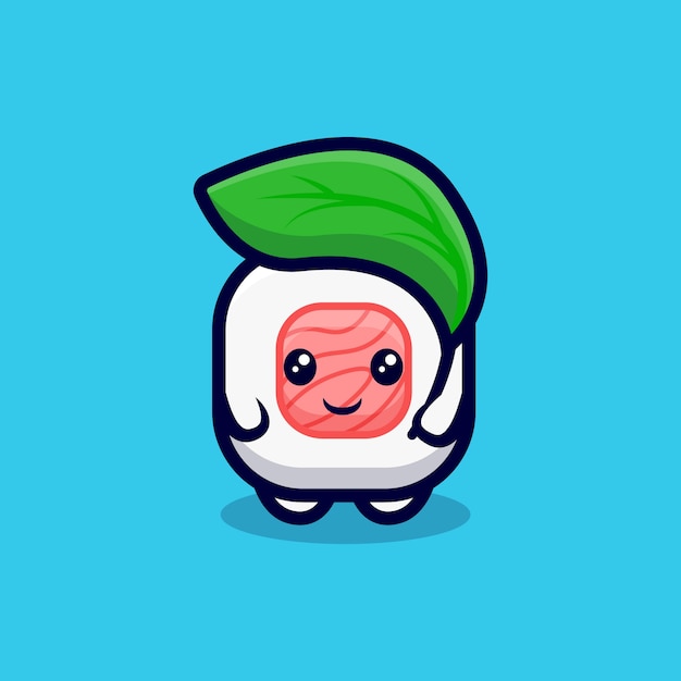 Cute Roll Sushi Trzymając Liść Ikona Kreskówka Ilustracja