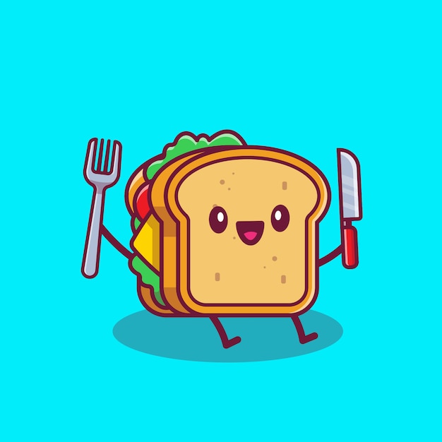 Cute Sandwich Trzymając Nóż I Widelec Ikona Ilustracja Kreskówka. Fast Food Kreskówka Ikona Koncepcja Na Białym Tle. Płaski Styl Kreskówki