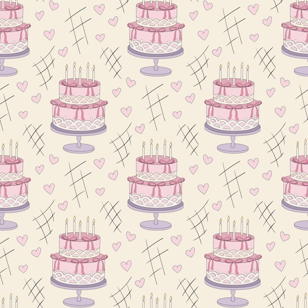 Cute Seamless Pattern Pastel Girlish Birthday Cake With Candles Vector Illustration