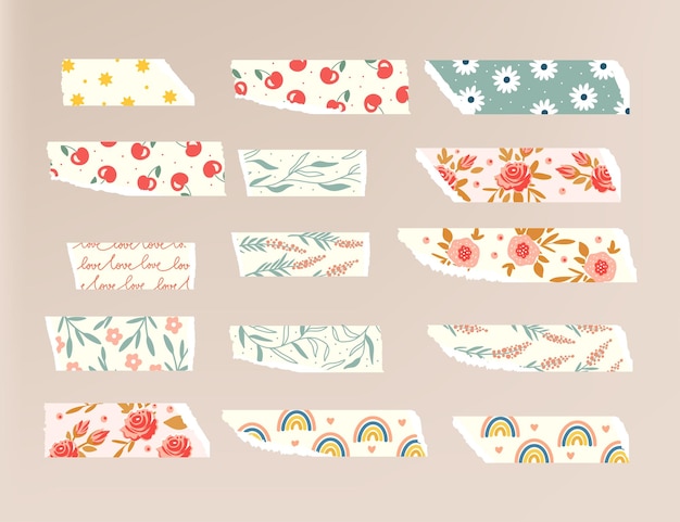 Plik wektorowy cute tape strip washi ripped paper collection scrapbook floral kids element