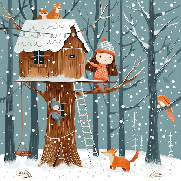Plik wektorowy cute_treehouse_in_winter_forest_with_little_girl