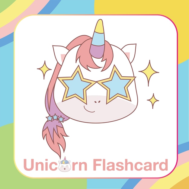 Cute Unicorn Flashcard Dla Dzieci. Gotowy Do Drukowania. Karta Do Gry Do Druku. Plik Wektorowy.