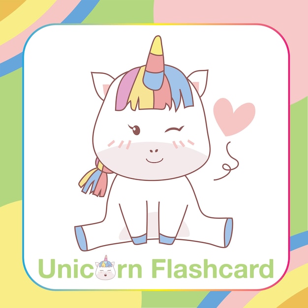 Cute Unicorn Flashcard Dla Dzieci. Gotowy Do Drukowania. Karta Do Gry Do Druku. Plik Wektorowy.