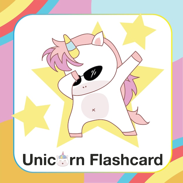 Cute Unicorn Flashcard dla dzieci. Gotowy do drukowania. Karta do gry do druku. Plik wektorowy.