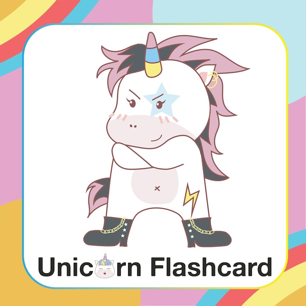 Cute Unicorn Flashcard dla dzieci. Gotowy do drukowania. Karta do gry do druku. Plik wektorowy.