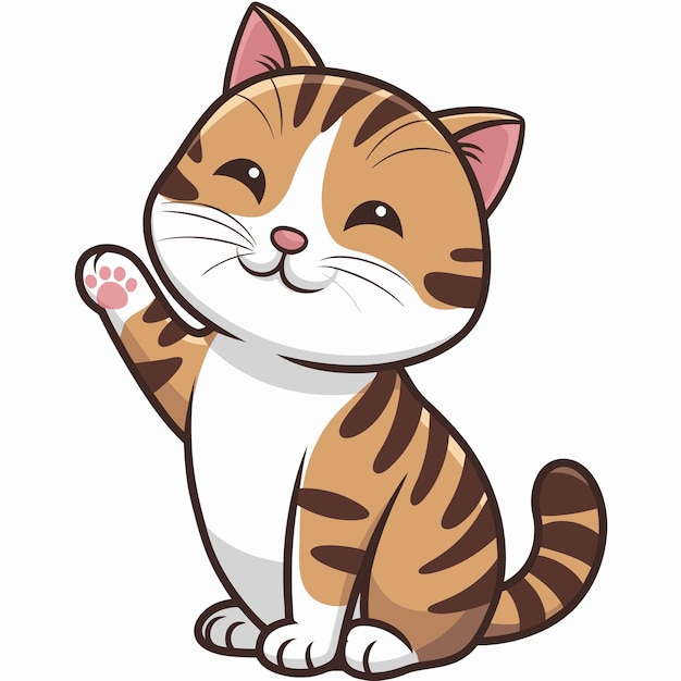 Cute Waving Tabby Cat Cartoon Brązowy amp Biały Przyjazna ilustracja