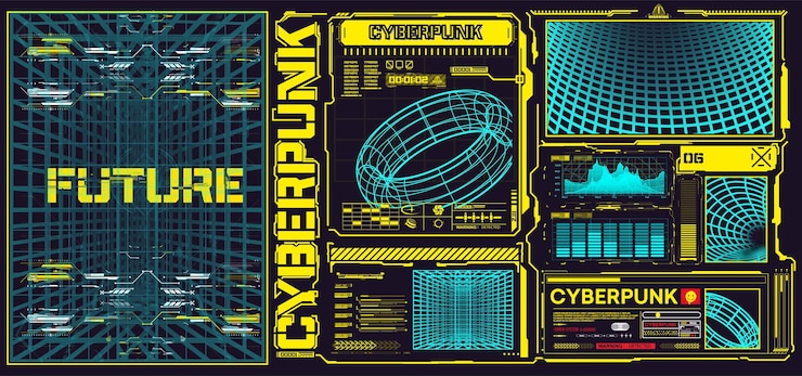 Wektor cyberpunk futuristic interface digital hud graficzne panele użytkownika i abstrakcyjne elementy technologiczne dla scifi design cyberpunk retro futurystyczny zestaw plakatów abstrakcyjne kształty kosmiczne wektor