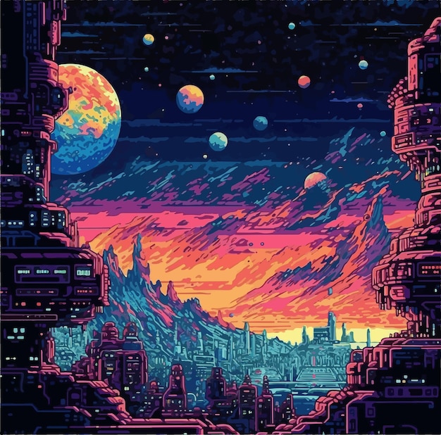 Plik wektorowy cyberpunk pixel art cityscape z planetarnym tłem